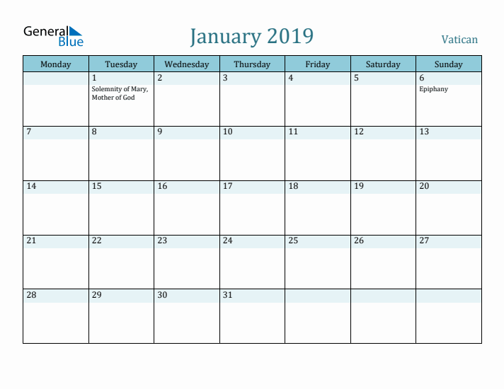 January 2019 Calendar with Holidays