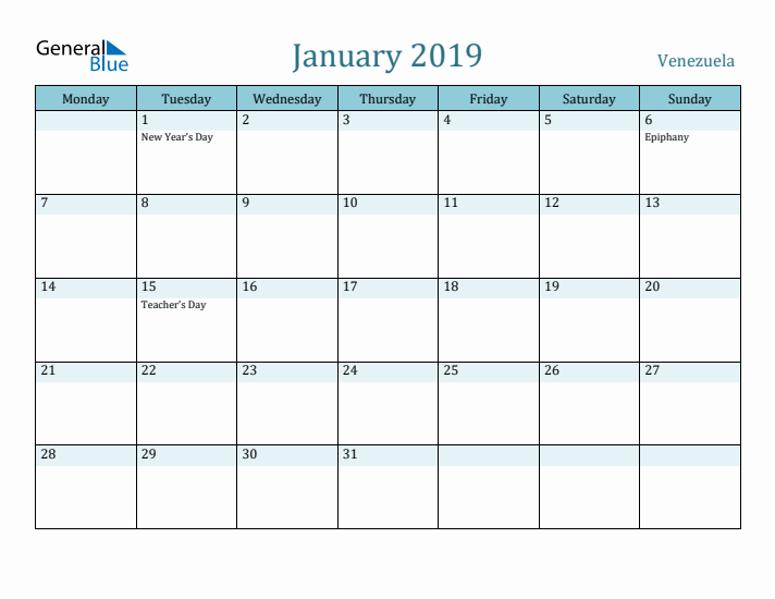 January 2019 Calendar with Holidays