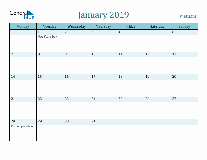 January 2019 Calendar with Holidays