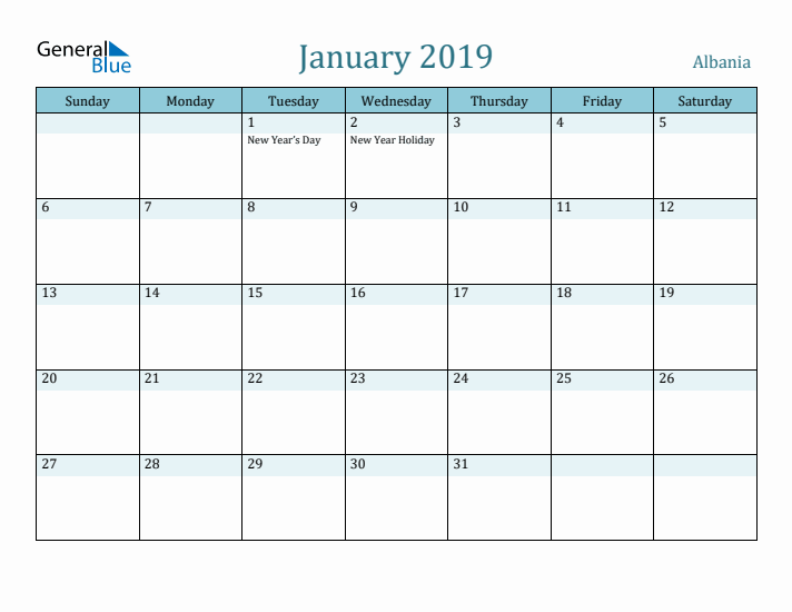 January 2019 Calendar with Holidays