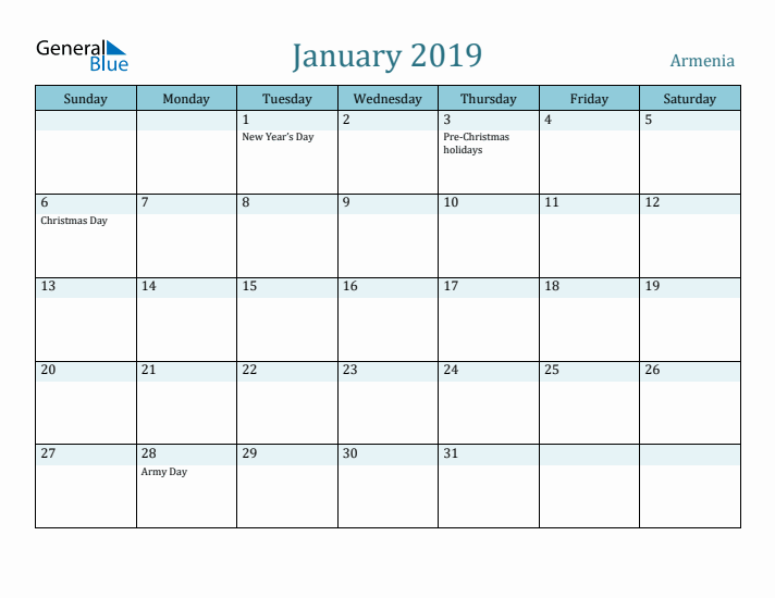 January 2019 Calendar with Holidays