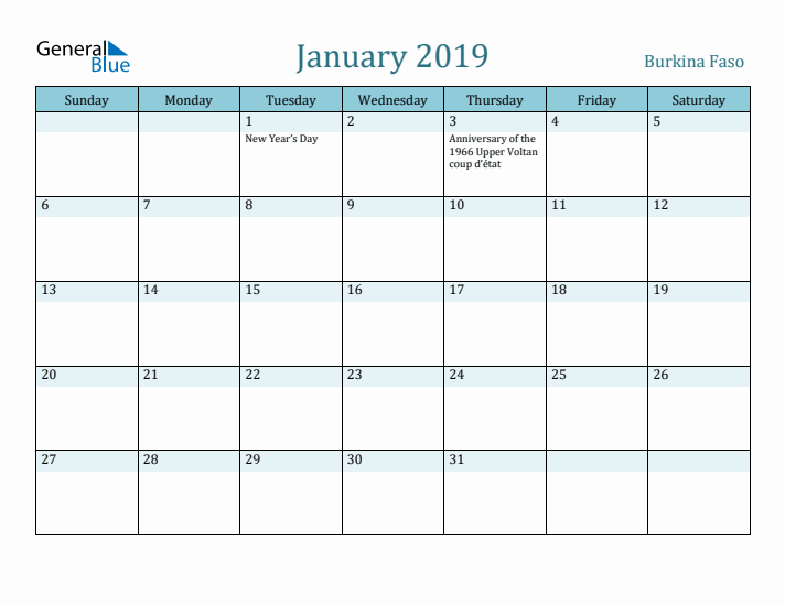 January 2019 Calendar with Holidays