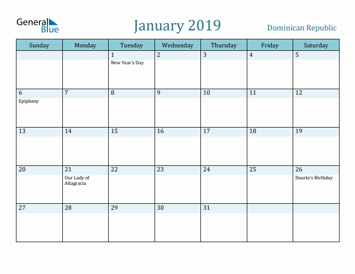 January 2019 Calendar with Holidays