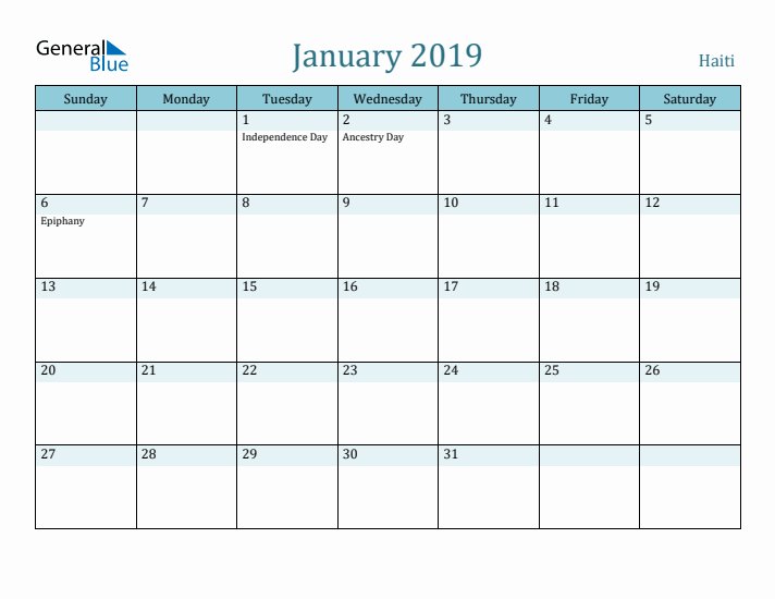 January 2019 Calendar with Holidays