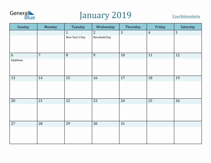 January 2019 Calendar with Holidays