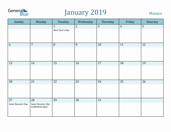 January 2019 Calendar with Holidays