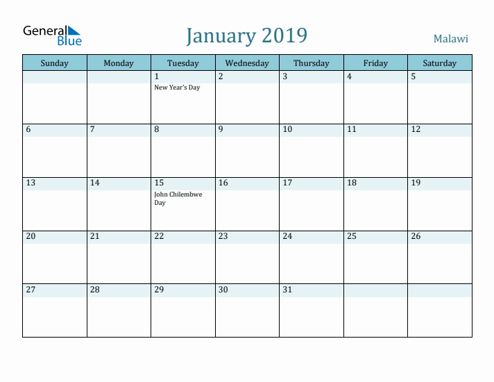 January 2019 Calendar with Holidays