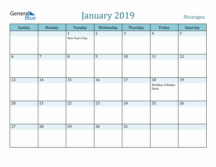 January 2019 Calendar with Holidays