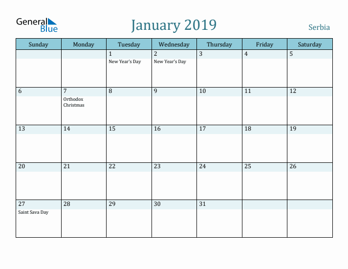 January 2019 Calendar with Holidays