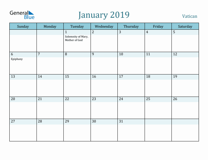 January 2019 Calendar with Holidays