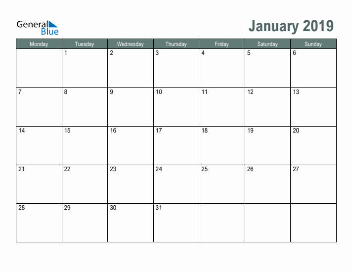 Free Printable January 2019 Calendar