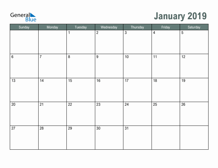 Free Printable January 2019 Calendar