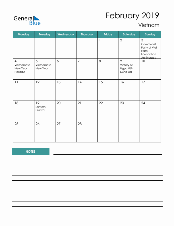 Calendar with Notes Printable - Monday Start