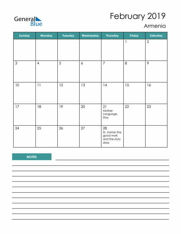 Calendar with Notes Printable - Sunday Start