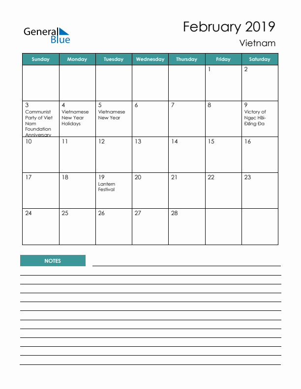 Calendar with Notes Printable - Sunday Start