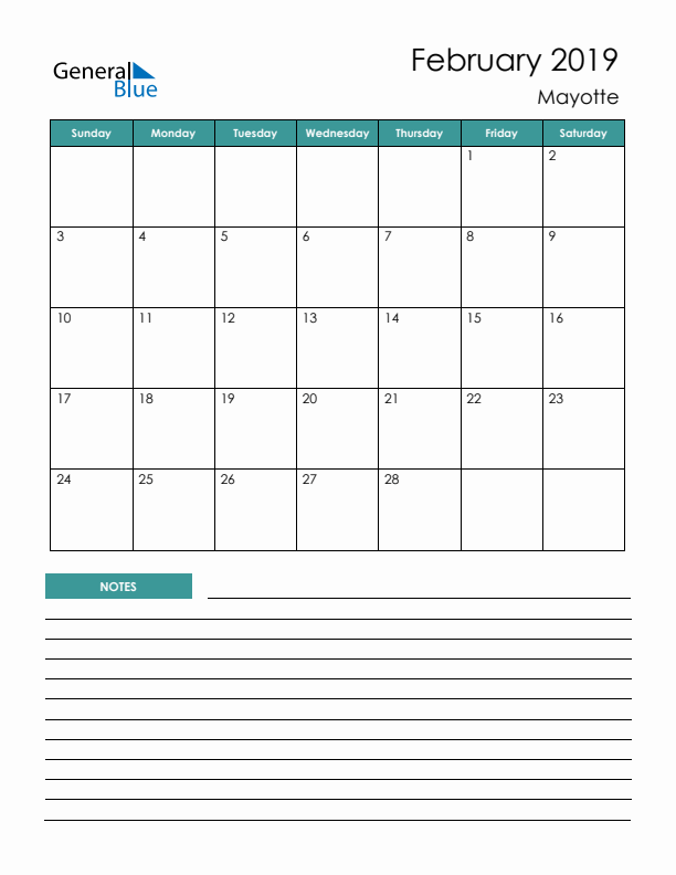 Calendar with Notes Printable - Sunday Start