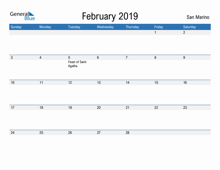 Fillable February 2019 Calendar