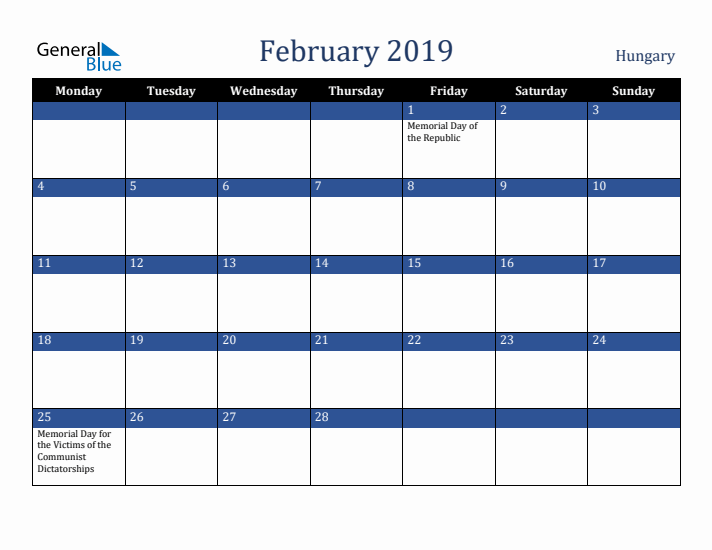 February 2019 Hungary Calendar (Monday Start)