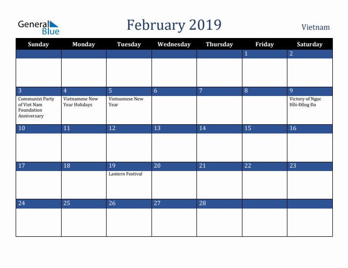 February 2019 Vietnam Calendar (Sunday Start)