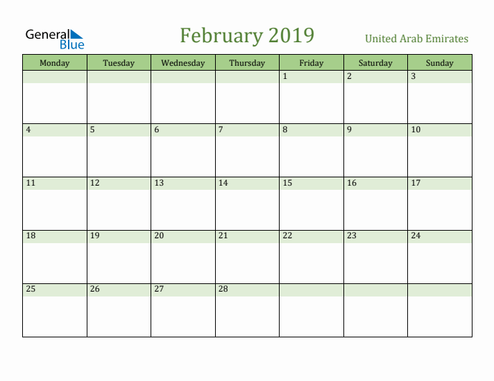 February 2019 Calendar with United Arab Emirates Holidays