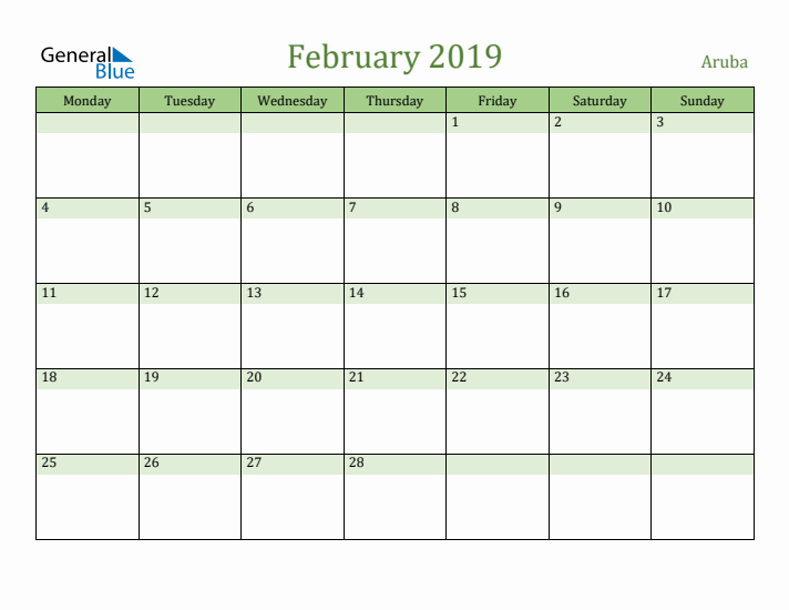 February 2019 Calendar with Aruba Holidays