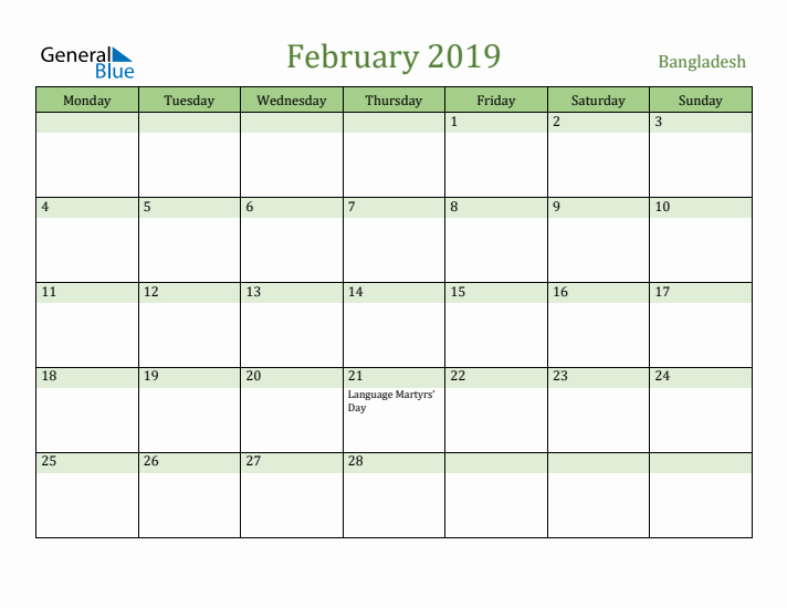 February 2019 Calendar with Bangladesh Holidays