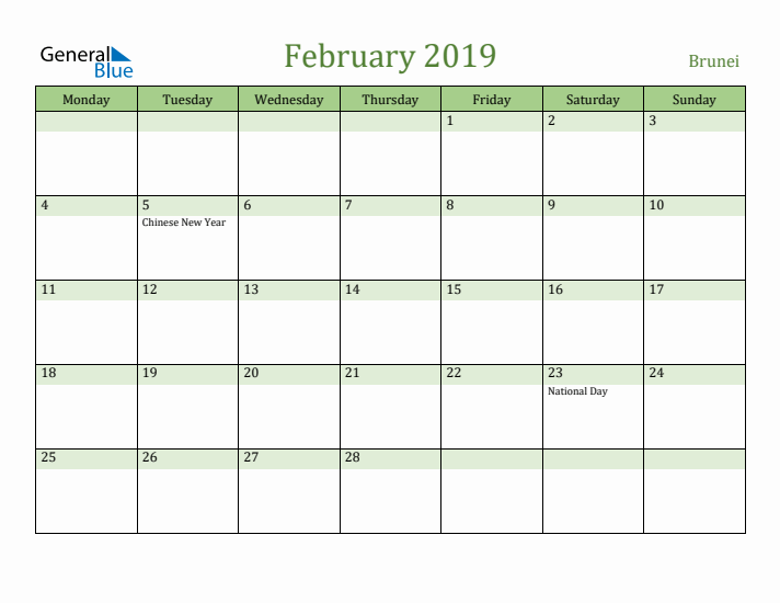 February 2019 Calendar with Brunei Holidays