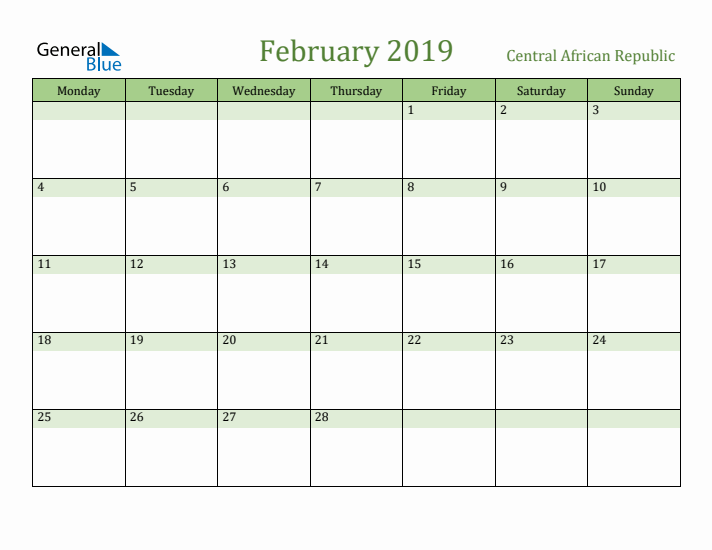 February 2019 Calendar with Central African Republic Holidays