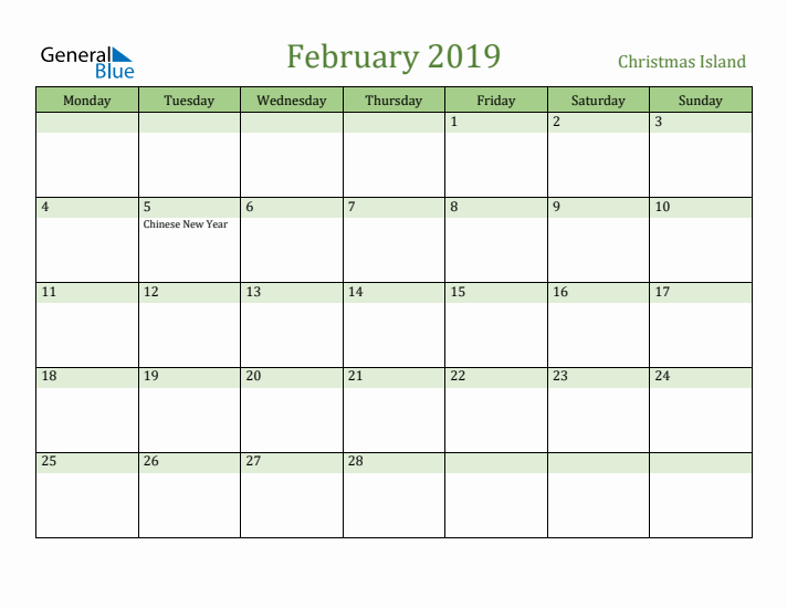 February 2019 Calendar with Christmas Island Holidays