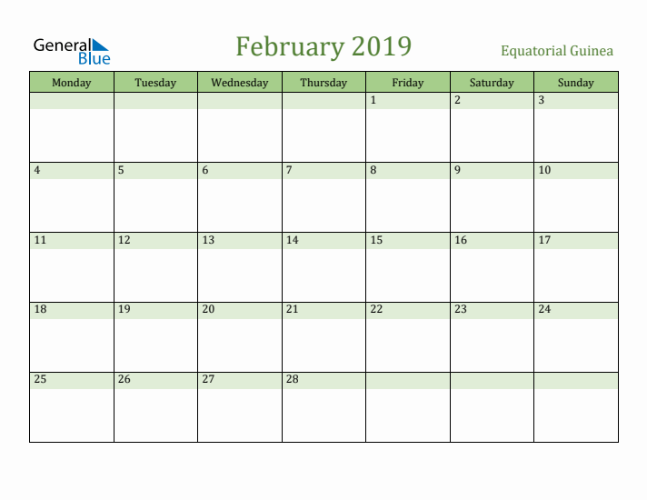 February 2019 Calendar with Equatorial Guinea Holidays