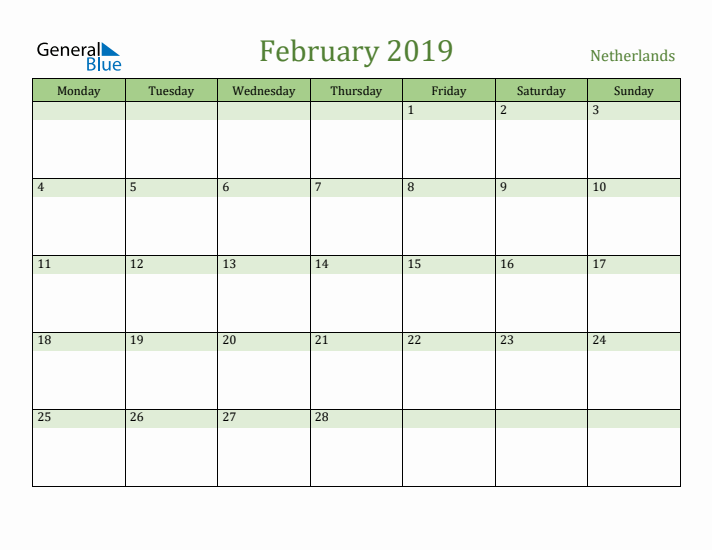 February 2019 Calendar with The Netherlands Holidays