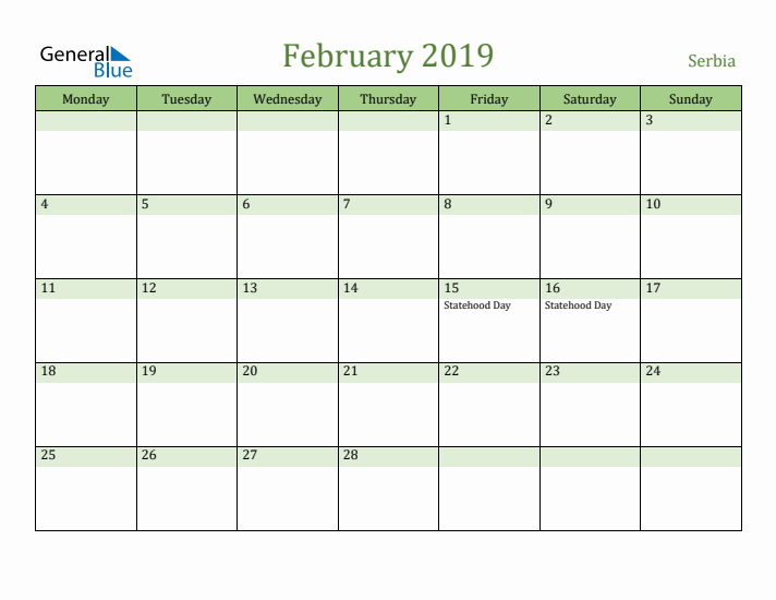 February 2019 Calendar with Serbia Holidays