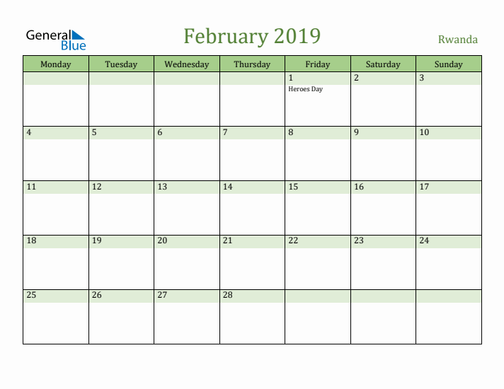 February 2019 Calendar with Rwanda Holidays