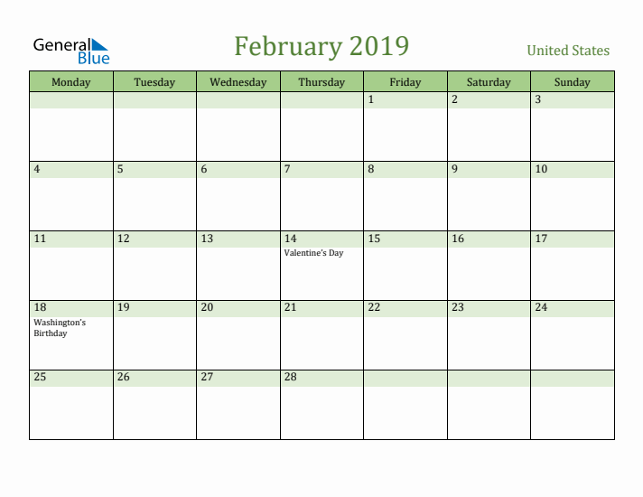 February 2019 Calendar with United States Holidays