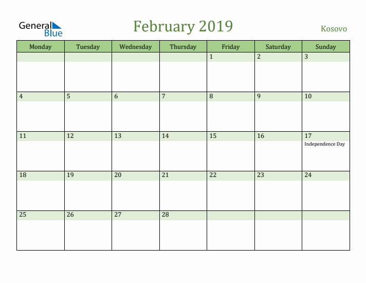 February 2019 Calendar with Kosovo Holidays