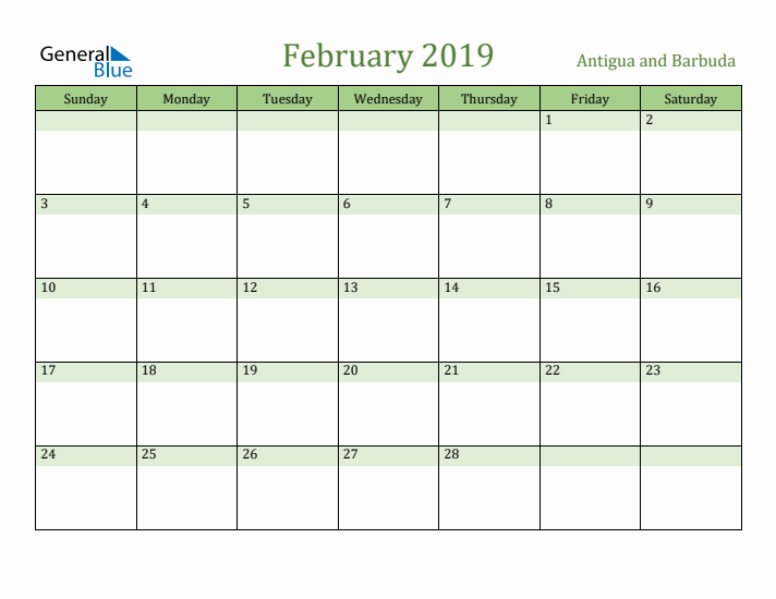 February 2019 Calendar with Antigua and Barbuda Holidays