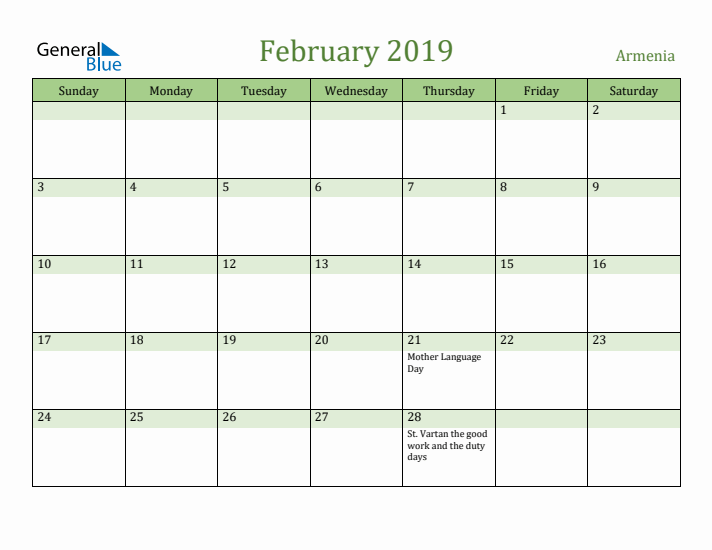 February 2019 Calendar with Armenia Holidays