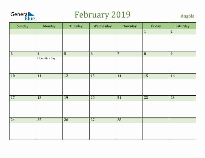 February 2019 Calendar with Angola Holidays