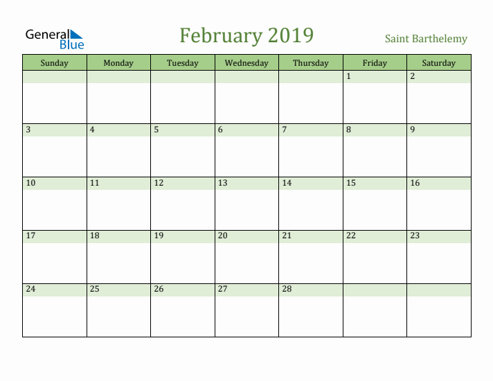 February 2019 Calendar with Saint Barthelemy Holidays