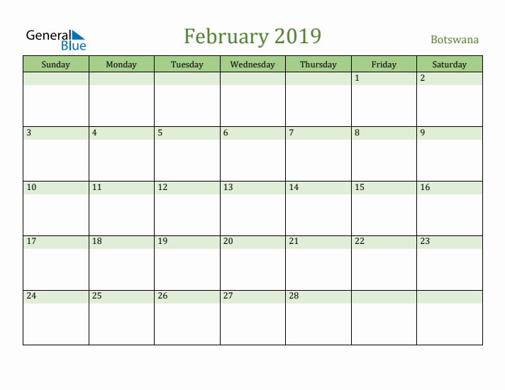 February 2019 Calendar with Botswana Holidays