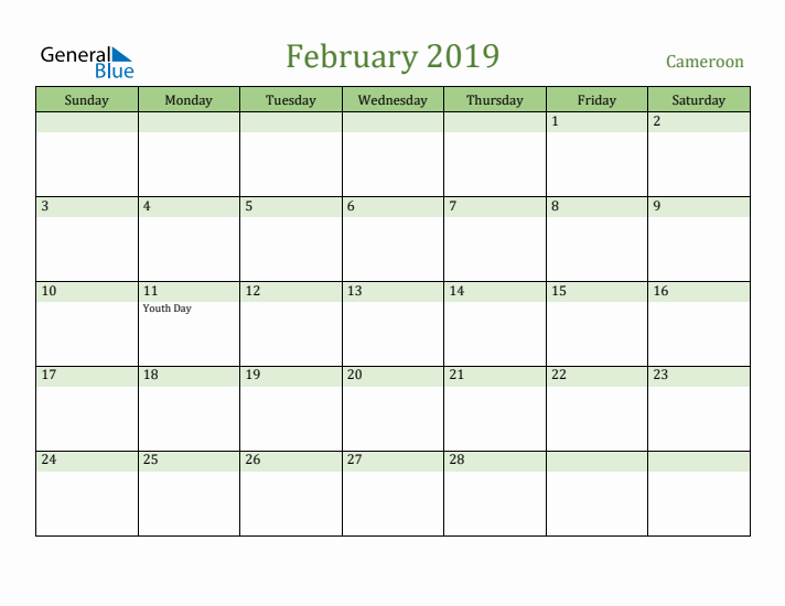 February 2019 Calendar with Cameroon Holidays