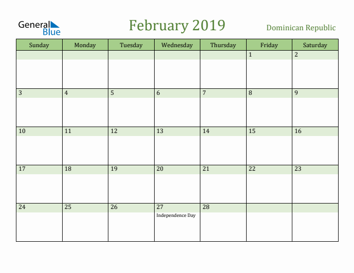 February 2019 Calendar with Dominican Republic Holidays