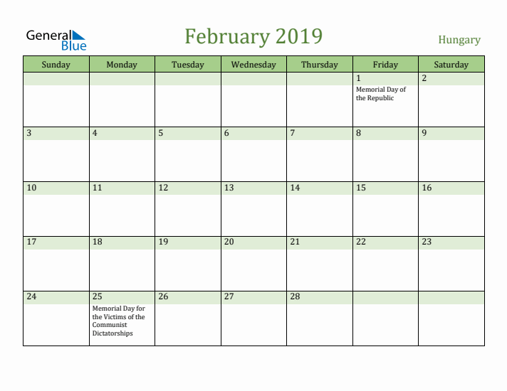 February 2019 Calendar with Hungary Holidays