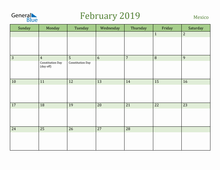 February 2019 Calendar with Mexico Holidays