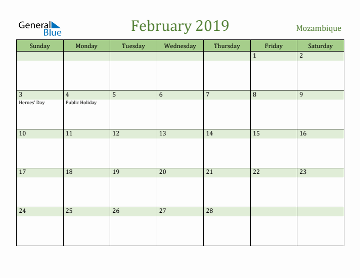 February 2019 Calendar with Mozambique Holidays