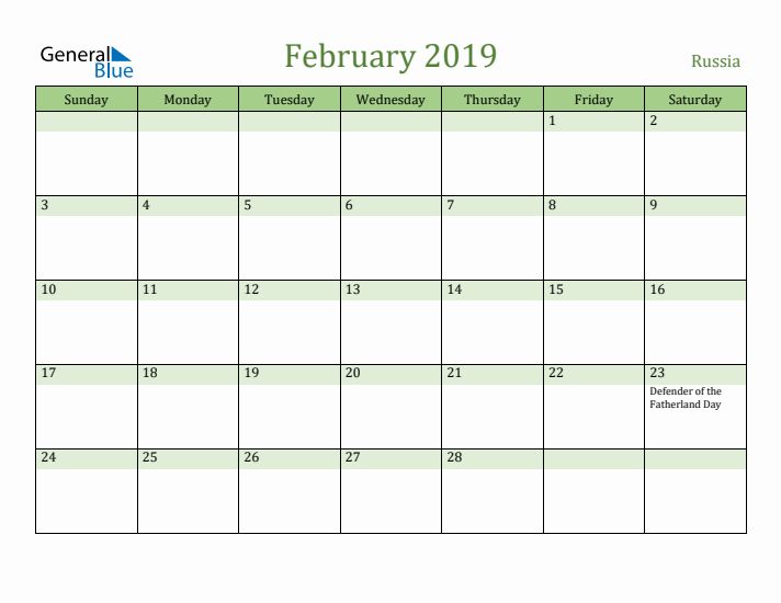 February 2019 Calendar with Russia Holidays