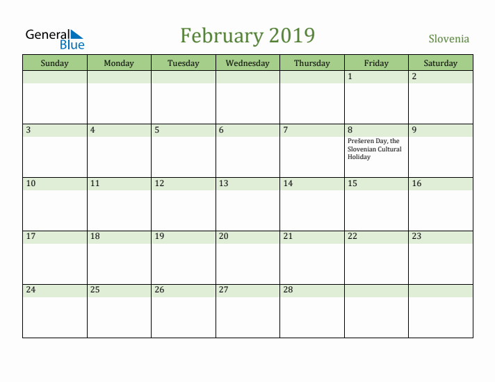 February 2019 Calendar with Slovenia Holidays