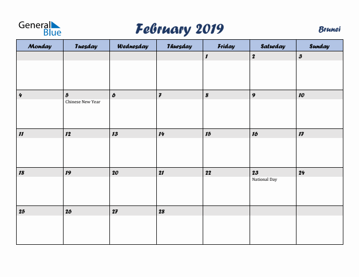 February 2019 Calendar with Holidays in Brunei