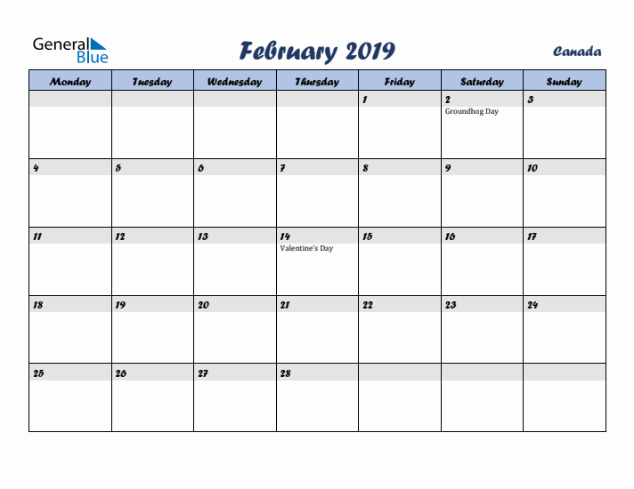 February 2019 Calendar with Holidays in Canada