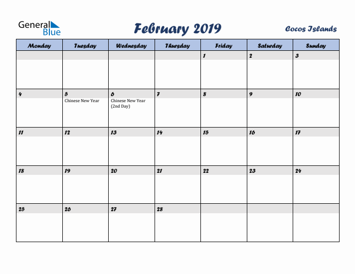 February 2019 Calendar with Holidays in Cocos Islands